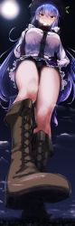 Rule 34 | absurdres, blue hair, boots, breasts, giant, giantess, hand on own hip, hat, highres, hinanawi tenshi, huge giantess, large breasts, long hair, miniskirt, moon, night, night sky, panties, pantyshot, rakia (ds00309), red eyes, skirt, sky, solo, standing, striped clothes, striped panties, touhou, underwear