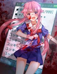Rule 34 | 1girl, :d, bad id, bad pixiv id, blood, blood on face, bloody knife, blush, cellphone display, chocoan, cowboy shot, gasai yuno, highres, knife, long hair, looking at viewer, mirai nikki, open mouth, pink eyes, pink hair, school uniform, skirt, smile, solo, very long hair