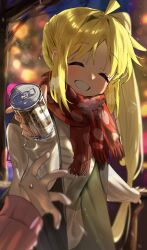 Rule 34 | 2girls, absurdres, blonde hair, blush, bocchi the rock!, can, canned coffee, closed eyes, coffee, drink can, gotoh hitori, hakoneko (marisa19899200), highres, holding, holding can, ijichi nijika, jacket, long hair, multiple girls, pink jacket, pink track suit, pov, red scarf, scarf, side ponytail, sidelocks, smile, solo focus, sweatdrop
