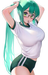 Rule 34 | .live, 1girl, black-framed eyewear, breasts, buruma, commentary request, from side, glasses, green buruma, green eyes, green hair, gym shirt, gym uniform, hair between eyes, hair tie, hair tie in mouth, highres, kagura suzu (.live), long hair, looking at viewer, looking to the side, medium breasts, midriff peek, mouth hold, parted lips, pettan p, ponytail, semi-rimless eyewear, shirt, short sleeves, simple background, solo, thick eyebrows, tying hair, under-rim eyewear, very long hair, virtual youtuber, white background, white shirt