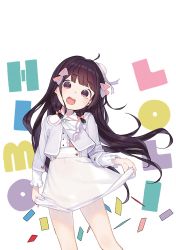 Rule 34 | 1girl, ahoge, black hair, blunt bangs, blush, bow, buttons, clothes lift, confetti, covered navel, dot nose, feet out of frame, hair bow, head tilt, henreader, highres, kyou kara ore wa loli no himo!, lifted by self, long hair, long sleeves, looking at viewer, nijou touka, non-web source, open mouth, romaji text, see-through, see-through skirt, skirt, skirt lift, solo, straight-on, tareme, very long hair, white background, white skirt