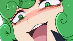 Rule 34 | 1girl, artist request, curly hair, green eyes, green hair, highres, jakuzure nonon, kill la kill, looking to the side, one-punch man, open mouth, parody, smug, solo, tatsumaki