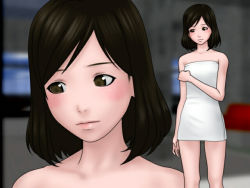 Rule 34 | 1girl, black eyes, black hair, blush, character request, flat chest, indoors, jukan a extra 4, looking away, looking to the side, naked towel, short hair, solo, standing, tagme, towel, white towel, yoshino momiji