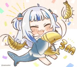 Rule 34 | 1girl, :d, blue hair, blunt bangs, blush, chibi, closed mouth, commentary, fins, fish tail, gawr gura, hair ornament, highres, holding, hololive, hololive english, milestone celebration, multicolored hair, open mouth, same anko, shark hair ornament, shark tail, sharp teeth, shrimp, smile, solo, streaked hair, symbol-only commentary, tail, teeth, two-tone hair, two side up, v-shaped eyebrows, virtual youtuber, white hair, wide sleeves