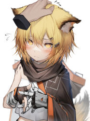 Rule 34 | 1girl, absurdres, animal ears, arknights, bandages, black cape, blonde hair, blush, cape, commentary, crop top, crop top overhang, disembodied hand, flying sweatdrops, fox ears, fox tail, headpat, highres, material growth, oripathy lesion (arknights), own hands together, shirt, single bare shoulder, solo focus, strapless, strapless shirt, tab head, tail, upper body, vermeil (arknights), white shirt, wrist wrap, yellow eyes