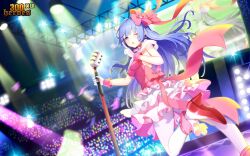 Rule 34 | 1girl, 300 heroes, :o, audience, blue hair, date a live, dress, dutch angle, flower, frilled dress, frills, gloves, hair flower, hair ornament, high heels, idol, izayoi miku, microphone stand, multicolored clothes, multicolored dress, official art, one eye closed, pantyhose, pink dress, pink ribbon, red footwear, ribbon, stage, stage lights, third-party source, truss, white pantyhose