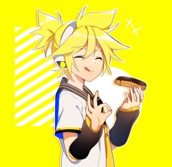 Rule 34 | +++, 1boy, :p, bad id, bad twitter id, black collar, black sleeves, blonde hair, closed eyes, collar, commentary, detached sleeves, doodle, eclair (food), ei flow, english commentary, facing viewer, food, from side, hands up, headphones, highres, holding, holding food, kagamine len, male focus, necktie, ok sign, sailor collar, school uniform, shirt, short ponytail, short sleeves, smile, solo, spiked hair, tongue, tongue out, vocaloid, white shirt, yellow background, yellow necktie