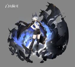 Rule 34 | 1girl, alchemy stars, black footwear, black jacket, black shorts, black thighhighs, blue necktie, boots, breasts, briefcase, closed mouth, collared shirt, copyright name, full body, grey background, grey eyes, grey hair, hand on own hip, highres, holding, holding briefcase, horns, jackal, jacket, jacket on shoulders, jane (alchemy stars), jewelry, long sleeves, looking at viewer, medium breasts, multiple rings, neck ribbon, necktie, official art, ribbon, ring, shirt, short hair, shorts, simple background, smoke, solo, standing, thighhighs, v-shaped eyebrows, viiiper, white shirt