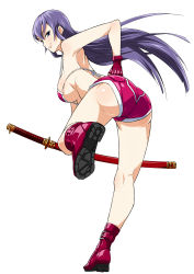 Rule 34 | 1girl, ass, bent over, bikini, bikini top only, blue eyes, boots, breasts, busujima saeko, from behind, full body, gishi, gloves, hand on own hip, highres, highschool of the dead, katana, large breasts, legs, long hair, looking at viewer, looking back, purple hair, scabbard, sheath, short shorts, shorts, sideboob, smirk, solo, swimsuit, sword, weapon, white background