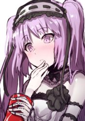 Rule 34 | 1girl, blush, can, coke, cola, dress, drinking, fate/grand order, fate/hollow ataraxia, fate (series), hand to mouth, headband, highres, long hair, purple eyes, purple hair, stheno (fate), surprised, twintails, white dress