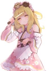 Rule 34 | 1girl, animal ears, bare shoulders, blonde hair, blunt bangs, blush, bow, bowtie, breasts, brown hairband, brown sash, clenched hand, closed mouth, commentary request, cowboy shot, dress, fingernails, floppy ears, floral print, frilled dress, frilled sleeves, frills, hairband, headdress, highres, holding, holding knife, inaba haneru (animare), knife, long hair, looking at viewer, medium bangs, nanashi inc., obi, pink bow, pink bowtie, pink dress, plaid, plaid bow, plaid bowtie, print dress, rabbit ears, rabbit girl, rutinium, sash, short sword, simple background, small breasts, smile, solo, sword, tantou, virtual youtuber, weapon, white background, wide sleeves, yellow eyes