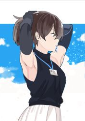 Rule 34 | 1girl, absurdres, alternate costume, armpits, black gloves, brown hair, commentary, doushi tatsu to dekkai no, elbow gloves, gloves, highres, id card, kaga (kancolle), kantai collection, long hair, looking to the side, name tag, skirt, sleeveless, solo, tying hair, upper body, white skirt, yellow eyes