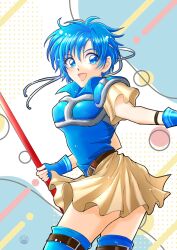 Rule 34 | armor, blue eyes, blue hair, collared shirt, fire emblem, fire emblem: the binding blade, highres, holding, holding polearm, holding weapon, leather belt, looking to the side, nintendo, open mouth, orangeetc, polearm, shanna (fire emblem), shirt, short sleeves, solo, thighhighs, weapon
