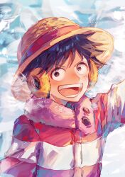Rule 34 | 1boy, :d, artist name, black hair, breath, commentary request, earmuffs, fur-trimmed jacket, fur trim, girikashi43, hat, highres, jacket, male focus, monkey d. luffy, multicolored clothes, multicolored jacket, one piece, open mouth, red jacket, scar, scar on face, short hair, smile, solo, straw hat, striped clothes, striped jacket, teeth, two-tone jacket, upper body, white jacket, winter clothes