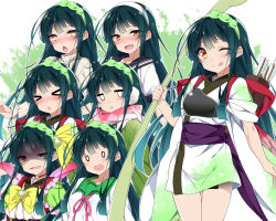 Rule 34 | &gt; &lt;, 1girl, ahegao, arrow (projectile), blush, bow (weapon), collar, collared shirt, commentary, closed eyes, furrowed brow, green collar, green hair, hairband, half-closed eye, holding, holding bow (weapon), holding weapon, japanese clothes, kimono, looking at viewer, mtu (orewamuzituda), muneate, obi, open mouth, pea pod, quiver, sash, scarf, school uniform, serafuku, shaded face, shirt, smile, solid oval eyes, standing, tongue, tongue out, touhoku zunko, voiceroid, weapon, white kimono, white shirt, yellow eyes