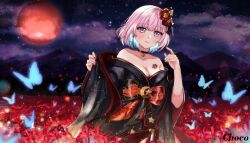 Rule 34 | 1girl, airani iofifteen, bare shoulders, breasts, bug, butterfly, chocola s, cleavage, field, flower, flower field, hair ornament, hairpin, highres, hololive, hololive indonesia, insect, japanese clothes, kimono, medium breasts, moon, night, night sky, short hair, sky, solo, virtual youtuber