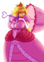 Rule 34 | 1girl, blonde hair, blue eyes, breast suppress, breasts, brooch, closed mouth, covered erect nipples, crown, dress, earrings, elbow gloves, expressionless, eyelashes, gloves, hands up, highres, holding, holding umbrella, jewelry, large breasts, lips, long hair, looking to the side, mario (series), nintendo, nose, over shoulder, parasol, pink dress, pink umbrella, princess peach, puffy short sleeves, puffy sleeves, short sleeves, simple background, solo, super mario bros. 1, umbrella, white background, white gloves, zomby138