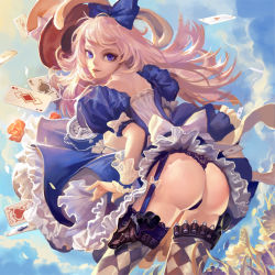 Rule 34 | 00s, 1girl, alice (alice in wonderland), alice in wonderland, blonde hair, blue eyes, card, dungeon and fighter, flower, garter straps, gun, hair ribbon, hat, holster, lipstick, long hair, looking back, makeup, pindleskin, puffy sleeves, ribbon, rose, solo, thighhighs, thong, weapon, wrist cuffs