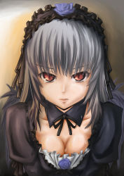 Rule 34 | 00s, 1girl, bad id, bad pixiv id, breasts, chakabo, cleavage, dress, hairband, large breasts, long hair, red eyes, rozen maiden, silver hair, slit pupils, solo, suigintou, tears, wings