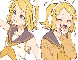 Rule 34 | +++, 1girl, aqua eyes, arm up, bare shoulders, blonde hair, blush, bow, closed eyes, collar, commentary, grey collar, hair bow, hair ornament, hairclip, hand up, headphones, headset, highres, kagamine rin, laughing, m0ti, multiple views, neckerchief, open mouth, orange sweater, raised eyebrow, sailor collar, shirt, short hair, shoulder tattoo, sketch, sleeveless, sleeveless shirt, smile, sweater, swept bangs, tattoo, tears, treble clef, upper body, vocaloid, white background, white bow, white shirt, yellow neckerchief