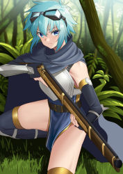 Rule 34 | 1girl, akagi kurage, armor, belt, black gloves, blue eyes, blue hair, cape, day, elbow gloves, fingerless gloves, forest, gloves, goggles, goggles on head, grass, grey cape, grey thighhighs, gun, highres, holding, holding weapon, nature, outdoors, rosel (sennen sensou aigis), sennen sensou aigis, short hair, solo, thighhighs, weapon
