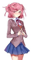 Rule 34 | 1girl, blue skirt, blush, breasts, closed mouth, collared shirt, commentary, doki doki literature club, eyes visible through hair, fingers together, frown, grey jacket, hair ornament, hairclip, highres, index fingers together, jacket, long sleeves, looking at viewer, natsuki (doki doki literature club), pink eyes, pink hair, red neckwear, retto, ribbon, school uniform, shirt, skirt, small breasts, solo, standing, swept bangs, two side up, vest, white shirt, x fingers