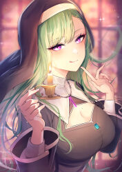 Rule 34 | 1girl, :q, absurdres, alternate costume, bead necklace, beads, breasts, candle, candlestand, cleavage, cleavage cutout, clothing cutout, collar, gem, green hair, habit, highres, holding, holding candle, index finger raised, jewelry, kiiro (cocoa080), large breasts, long hair, long sleeves, looking at viewer, mole, mole on breast, necklace, night, nun, purple eyes, seductive smile, smile, solo, sparkle, swept bangs, tongue, tongue out, very long hair, virtual youtuber, vspo!, white collar, wide sleeves, window, yakumo beni