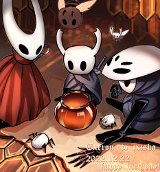 Rule 34 | 6+others, absurdres, antennae, black eyes, bug, cloak, commentary request, dated, english text, grey cloak, hatchling (hollow knight), highres, hiveling (hollow knight), hollow knight, hood, hornet (hollow knight), horns, knight (hollow knight), multiple others, quirrel, red cloak, signature, sitting, spider, top-exerou, weaverling (hollow knight), wings