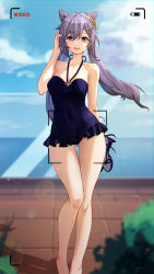 Rule 34 | 1girl, absurdres, alternate costume, bare arms, bare shoulders, blue one-piece swimsuit, breasts, cleavage, collarbone, double bun, genshin impact, hair bun, hair ornament, hand in own hair, high heels, highres, keqing (genshin impact), kong ting, looking at viewer, one-piece swimsuit, outdoors, parted lips, purple eyes, purple footwear, purple hair, smile, solo, standing, swimsuit, thighs, viewfinder