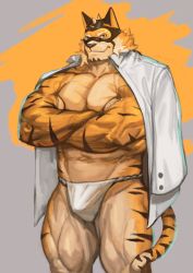 Rule 34 | 1boy, abs, absurdres, alternate costume, animal ears, bara, bare pectorals, beige fur, bodysuit, bulge, crossed arms, facial hair, feet out of frame, fundoshi, furry, furry male, goatee, highres, jacket, jacket on shoulders, japanese clothes, large pectorals, live a hero, male focus, male underwear, mask, mature male, muscular, muscular male, navel, no pants, orange bodysuit, orange fur, pectorals, ryekie (live a hero), short hair, smile, solo, spikes, stomach, tail, thick thighs, thighs, tiger boy, tiger ears, tiger tail, traver009, two-tone fur, white male underwear