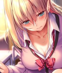 Rule 34 | 1girl, aqua eyes, blonde hair, blush, bow, bowtie, breasts, cardigan, classroom, cleavage, closed mouth, collarbone, collared shirt, head tilt, large breasts, leaning forward, long hair, long sleeves, looking at viewer, original, piromizu, purple cardigan, red bow, red bowtie, school uniform, shirt, sidelocks, sitting, solo, sunset, window