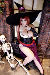 Rule 34 | 1girl, areola slip, asian, breasts, chouzuki maryou, cosplay, dragon&#039;s crown, hat, highres, hip focus, large breasts, photo (medium), plump, red hair, solo, sorceress (dragon&#039;s crown), sorceress (dragon&#039;s crown) (cosplay), staff, thick thighs, thighs, wide hips, witch, witch hat