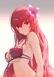 Rule 34 | 1girl, artist name, backlighting, bare shoulders, bikini, breasts, closed mouth, commentary request, fate/grand order, fate (series), flower, gradient background, hair flower, hair ornament, large breasts, long hair, looking at viewer, pink flower, purple bikini, red eyes, red hair, scathach (fate), scathach (fate/grand order), scathach (swimsuit assassin) (fate), smile, solo, swimsuit, tenshin kagehisa, twitter username, underboob, upper body, very long hair, white background