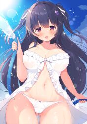 Rule 34 | 1girl, :d, black hair, blue sky, blush, breasts, brown eyes, cameltoe, cloud, day, dress, gluteal fold, hair between eyes, hair ribbon, highres, holding, holding hose, hose, kagerou (shadowmage), long hair, looking at viewer, medium breasts, navel, no bra, open clothes, open mouth, open shirt, original, outdoors, panties, ribbon, sky, smile, solo, standing, stomach, sundress, sunlight, thighs, underwear, very long hair, wardrobe malfunction, water, water drop, wet, wet clothes, white dress, white panties, wide hips