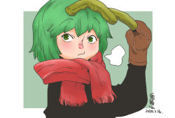 Rule 34 | 1girl, alternate costume, antennae, close-up, commentary request, dated, fringe trim, green eyes, green hair, hand up, long sleeves, looking at viewer, mittens, one-hour drawing challenge, onikobe rin, scarf, short hair, signature, simple background, solo, sweater, touhou, upper body, wriggle nightbug