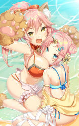 Rule 34 | 2girls, animal ear fluff, animal ears, animal hands, bandaged leg, bandages, bell, bikini, bikini skirt, blue bikini, breasts, cat paws, cleavage, collar, day, detached sleeves, double bun, fang, fate/grand order, fate (series), fox ears, fox tail, frankenstein&#039;s monster (fate), frankenstein&#039;s monster (swimsuit saber) (fate), frankenstein&#039;s monster (swimsuit saber) (first ascension) (fate), gloves, hair bun, hair ornament, hair over one eye, hair ribbon, hairclip, headgear, highres, horns, jacket, jingle bell, large breasts, long hair, looking at viewer, multiple girls, navel, neck bell, ocean, open mouth, outdoors, paw gloves, paw shoes, pink hair, ribbon, shoes, single detached sleeve, single horn, sleeves past wrists, swimsuit, tail, tamamo (fate), tamamo cat (fate), thiana0225, water