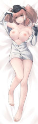 Rule 34 | 1girl, arms up, atlanta (kancolle), bare legs, bare shoulders, barefoot, black hat, blush, bottomless, breasts, breasts out, brown hair, cleavage, collarbone, commentary request, dakimakura (medium), dress shirt, earrings, from above, full body, garrison cap, gloves, grey eyes, hat, highres, jewelry, kantai collection, kochipu, large breasts, legs, long hair, long sleeves, looking at viewer, lying, navel, nipples, no bra, off shoulder, on back, open clothes, open mouth, open shirt, parted lips, partially fingerless gloves, shirt, simple background, smile, solo, star (symbol), star earrings, thighs, two side up, white gloves, white shirt