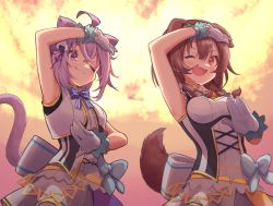 Rule 34 | 2girls, ahoge, alternate costume, animal ears, belt, belt chain, blue bow, bow, bowtie, braid, breasts, brown eyes, brown hair, cat ears, cat tail, corset, cowboy shot, cropped jacket, dog ears, dog tail, fang, fire, food, gloves, hand to forehead, highres, hololive, idol clothes, inugami korone, jacket, looking at viewer, low twintails, medium breasts, multiple girls, music, nekomata okayu, nonstop story, one eye closed, onigiri, open mouth, purple eyes, purple hair, singing, skirt, small breasts, tail, tamasa yamoto, triangle chain, twin braids, twintails, virtual youtuber, white gloves, white jacket, wrist cuffs