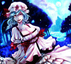 Rule 34 | 1girl, apt, bad id, bad pixiv id, blood, blue hair, breasts, cleavage, female focus, hat, large breasts, moon, aged up, red eyes, remilia scarlet, short hair, solo, touhou, tree, ut (apt)