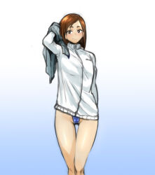 Rule 34 | 1girl, arm at side, arm behind head, arm up, blue background, blush, bob cut, brown eyes, brown hair, closed mouth, commentary, competition swimsuit, eizouken ni wa te wo dasu na!, feet out of frame, gradient background, henriiku (ahemaru), highleg, highleg swimsuit, holding, holding towel, inverted bob, jacket, jacket over swimsuit, long sleeves, looking at viewer, mizusaki tsubame, one-piece swimsuit, short hair, smile, smirk, solo, standing, swept bangs, swimsuit, thick eyebrows, thigh gap, thighs, towel, white jacket