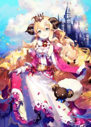 Rule 34 | 1girl, bad id, bad pixiv id, bell, blonde hair, castle, cloud, day, gloves, green eyes, hg (pixiv16108795), horns, long hair, looking at viewer, original, petals, pointy ears, sheep, sheep horns, smile, solo, very long hair, white gloves