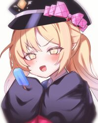 Rule 34 | 1girl, black coat, black hat, blonde hair, blue archive, blush, coat, food, hat, highres, holding, holding food, ibuki (blue archive), long hair, looking at viewer, open mouth, peaked cap, pointy ears, poko050498, popsicle, side ponytail, simple background, sleeves past fingers, sleeves past wrists, smile, solo, upper body, white background, yellow eyes