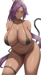 Rule 34 | 1girl, absurdres, arms behind back, bell, bikini, black bikini, black choker, bleach, blush, breasts, brown eyes, choker, cleavage, closed mouth, collarbone, dark-skinned female, dark skin, hair ornament, highres, jasony, large breasts, long hair, looking at viewer, navel, neck bell, parted bangs, ponytail, purple hair, shihouin yoruichi, sideboob, simple background, smile, solo, swimsuit, tail, thigh strap, thighs, white background