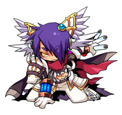 Rule 34 | 1boy, armor, between fingers, chibi, commentary request, emon-yu, full body, genetic (ragnarok online), gloves, hair between eyes, hair over one eye, head wings, holding, kneeling, living clothes, looking to the side, lowres, male focus, open mouth, pants, pauldrons, potion, purple hair, ragnarok online, red scarf, scarf, sharp teeth, short hair, shoulder armor, simple background, solo, teeth, vial, white background, white footwear, white gloves, white pants, white wings, wings, yellow eyes