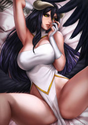 Rule 34 | 1girl, albedo (overlord), arm up, armpits, artist name, black hair, black wings, blurry foreground, breasts, cleavage, dandon fuga, demon horns, detached collar, dress, feathered wings, gloves, hair between eyes, horns, large breasts, lips, looking at viewer, low wings, lying, no panties, on back, overlord (maruyama), parted lips, pelvic curtain, slit pupils, solo, spread legs, white dress, white gloves, wings, yellow eyes