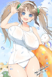 1girl :d animal animal_ears artist_name ball beachball bird blue_eyes blue_sky blush bouncing_breasts breasts brown_hair chicken cleavage cloud collarbone covered_erect_nipples covered_navel cowboy_shot dated day fang food fruit gluteal_fold hamster hamster_ears highres holding holding_ball holding_beachball holding_swim_ring holding_watermelon horizon innertube kinako_(mzknk0) large_breasts long_hair looking_at_viewer minori_(senran_kagura) ocean one-piece_swimsuit open_mouth orange_innertube outdoors polka_dot_innertube ring_hair_ornament rooster school_swimsuit senran_kagura senran_kagura_shinovi_versus shiny_skin signature sky smile solo standing swim_ring swimsuit thigh_gap tongue twintails twitter_username water water_drop watermelon waving wet wet_clothes wet_swimsuit white_one-piece_swimsuit