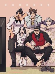 Rule 34 | ..., 1girl, 4boys, artist name, black eyes, black hair, blue eyes, brown hair, constricted pupils, controller, couple, covering own mouth, eating, family, father and son, feet, food, game controller, highres, kazama jin, kazama jun, lars alexandersson, legs, mishima kazuya, mother and son, multiple boys, muscular, muscular male, namco, pants, playing games, pocky, pointy hair, red eyes, scar, short hair, sitting, surprised, tekken, tekken 1, tekken 2, tekken 3, tekken 4, tekken 5 (dark resurrection), tekken 7, tekken 8, tekken blood vengeance, tekken tag tournament, tekken tag tournament 2, thighs, white hair