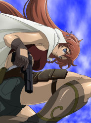 Rule 34 | 00s, belt, blue eyes, boots, breasts, dark skin, day, earrings, el cazador de la bruja, from below, gun, hair between eyes, j.h., jewelry, large breasts, long hair, mexico, nadie, outdoors, poncho, red hair, short shorts, shorts, smile, thigh strap, very long hair, weapon