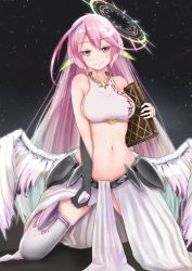 Rule 34 | 10s, 1girl, angel wings, blush, book, breasts, spiked halo, feathered wings, gloves, halo, highres, jibril (no game no life), kneeling, large breasts, long hair, low wings, magic circle, midriff, multicolored hair, navel, no game no life, pink hair, sideboob, smile, solo, thighhighs, white wings, wing ears, wings, yoshino (yoshino-yoshii)