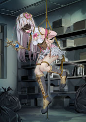Rule 34 | 1girl, absurdres, arms behind back, artist name, atelier (series), atelier lulua, ball gag, bdsm, between legs, black footwear, blindfold, blue gemstone, bondage, book, boots, bound, bound arms, bound legs, bow, bowtie, box, breasts, cardboard box, cleavage, commission, corset, elmerulia fryxell, eudetenis, female focus, full body, gag, gagged, gem, hair ornament, hanging, harness gag, heart, heart hair ornament, highres, indoors, jacket, knee boots, knees together feet apart, leaning forward, long hair, magical girl, miniskirt, off shoulder, open mouth, pink bow, pink bowtie, pink jacket, pink shirt, pleated skirt, red gemstone, rope, second-party source, shelf, shirt, sidelocks, signature, skirt, small breasts, solo, staff, trash bag, white hair, white skirt